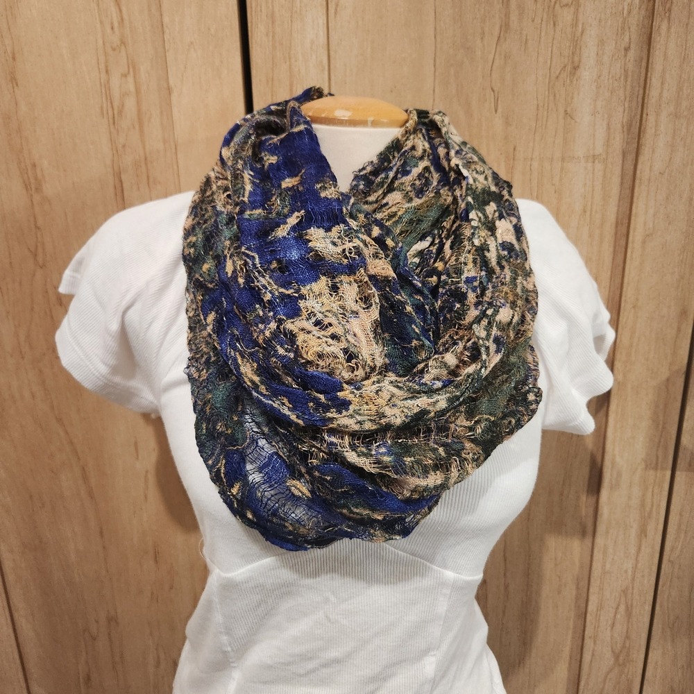 Abstract Print Infinity‎ Scarf Blue Green Beige Lightweight Crinkle Texture